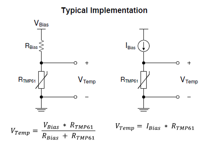 2.作為電阻組件，可以使用電壓源（左）或電流源（右）來驅動熱敏電阻。實際上，大多數電壓驅動電路使用比例布置來消除源漂移的影響